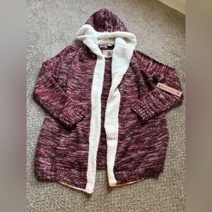 Crave Fame Cozy Maroon / Burgandy and White Hooded Cardigan Small NWT